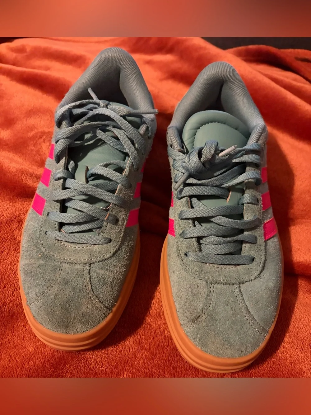 adidas Kids Court Platform Suede Sneakers in Teal with Pink Stripes and Gum Sole